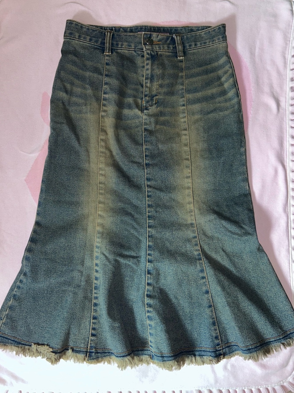 Vintage Denim Flared Midi Skirt - Dusty Blue